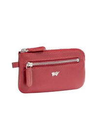 Portafogli in pelle rossa con una superficie liscia, chiusura con zip e accessori in argento. Presenta un piccolo logo sul fronte.