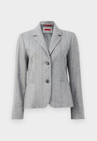 Blazer cinza sob medida com colarinho em lapela, dois botões frontais, costuras verticais e bolsos frontais, exposto em fundo branco.
