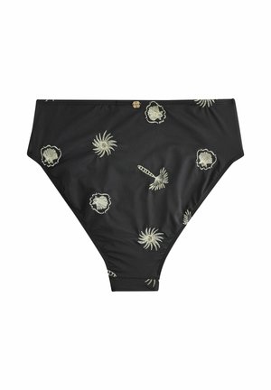 Slipuri de bikini negre cu talie înaltă, brodate cu modele bej deschis de scoici și raze de soare presărate pe material.