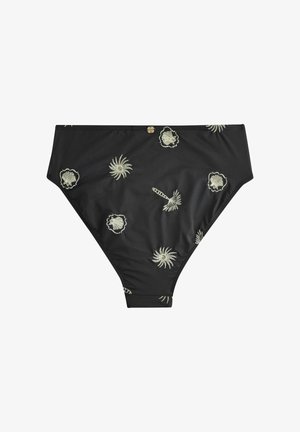Musta, korkeavyötäröiset bikinihousut, joissa vaaleanbeigejä, kirjailtuja simpukka- ja auringonpaistekuvioita, jotka ovat satunnaisesti kankaan päällä.