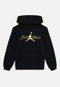 Melnas kapuci jaka ar kengura kabatu, centrā ir zelta "jordan" uzraksts un Jumpman logo, izgatavota no mīkstas auduma.