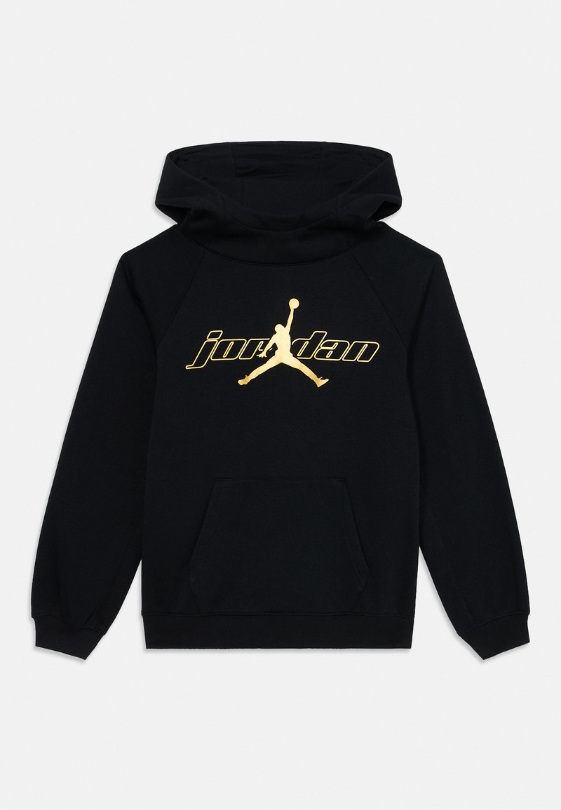 Melnas kapuci jaka ar kengura kabatu, centrā ir zelta "jordan" uzraksts un Jumpman logo, izgatavota no mīkstas auduma.