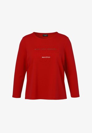 Red long-sleeve T-shirt made of soft fabric featuring embossed text “CHOOSE JOY” and “MAKE TODAY AWESOME” in contrasting colors.