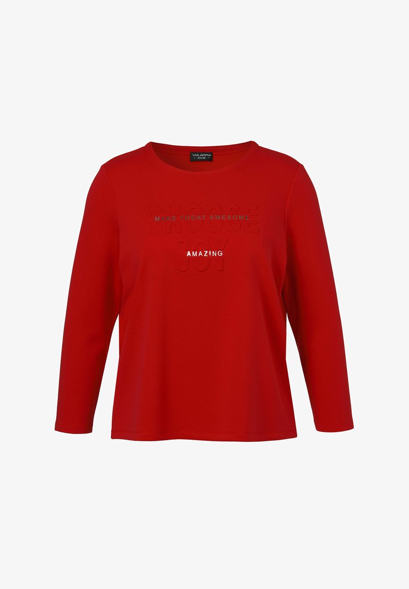 Red long-sleeve T-shirt made of soft fabric featuring embossed text “CHOOSE JOY” and “MAKE TODAY AWESOME” in contrasting colors.