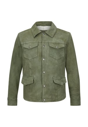 Olivgrüne Wildlederjacke mit Knopfverschluss, zwei Brustklappentaschen, zwei unteren Klappentaschen und einem klassischen Kragen.