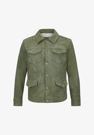 Olivgrüne Wildlederjacke mit Knopfverschluss, zwei Brustklappentaschen, zwei unteren Klappentaschen und einem klassischen Kragen.