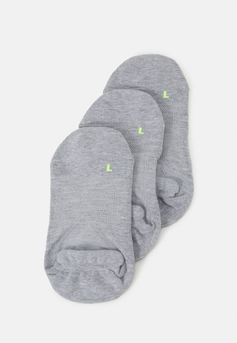 Set di tre calze grigie, con una consistenza morbida, design antiscivolo e piccolo etichetta verde "L" su ogni calza per l'identificazione del piede sinistro.