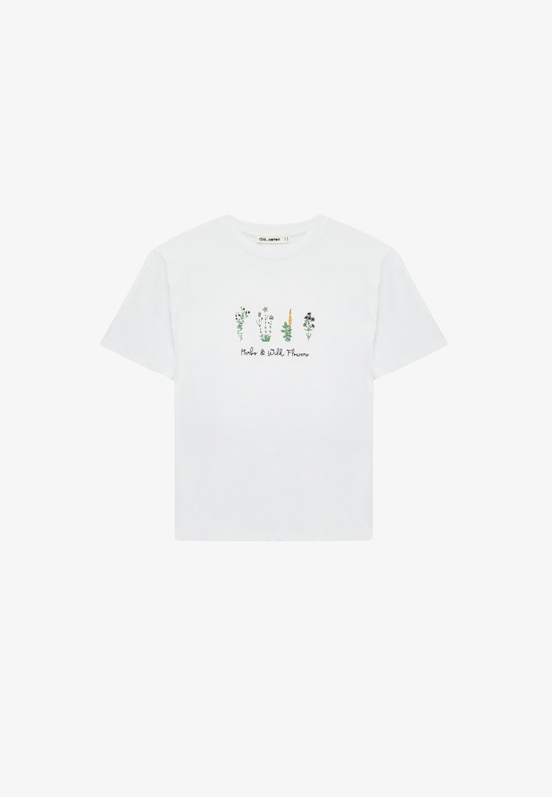 Maglietta bianca a maniche corte con illustrazioni di quattro diverse erbe e fiori selvatici e il testo "Erbe e Fiori Selvatici" sul davanti.
