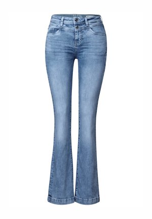 Jeans évasés bleu clair en denim, avec une taille haute, une fermeture à deux boutons, cinq poches et un léger dégradé le long des jambes.
