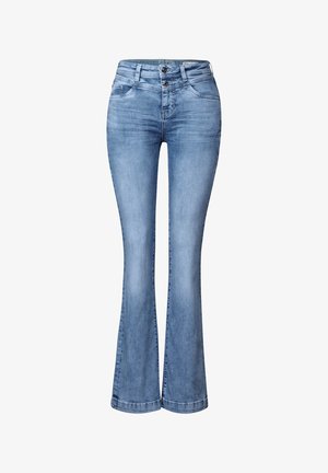 Light blue flared jeans made of denim, featuring a high waist, two-button closure, five pockets, and subtle fading along the legs.