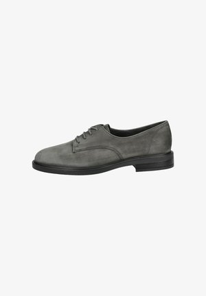 Chaussure Oxford en cuir gris à lacets avec petit talon noir et coutures simples, vue de l’extérieur.