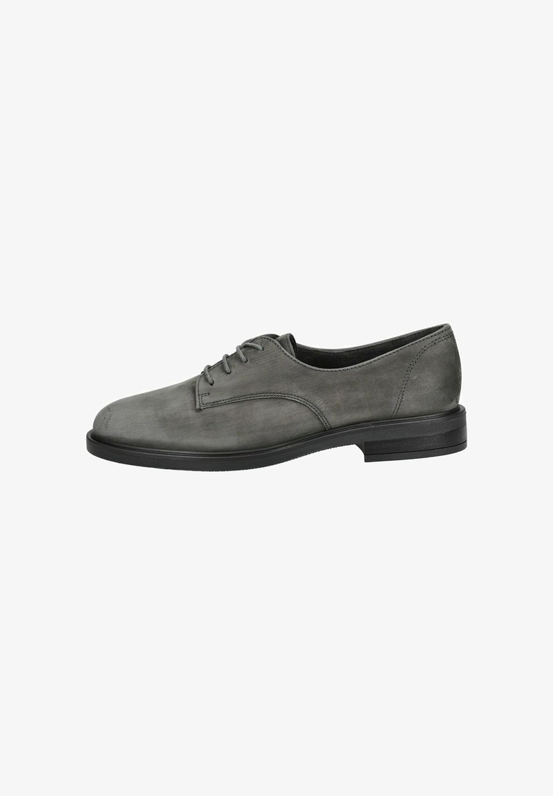 Chaussure Oxford en cuir gris à lacets avec petit talon noir et coutures simples, vue de l’extérieur.