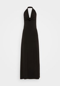 Black halter-neck dress with a deep V-neck and a draped bodice. Made of smooth fabric, it features a floor-length silhouette and a fitted shape.