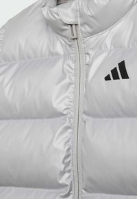 Svijetlosivi podstavljeni kaput s visokim ovratnikom, s prednjim zatvaračem i crnim brendiranjem. Glatka, reflektirajuća tekstura s kviltanim dizajnom.