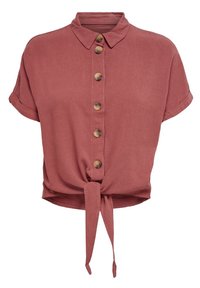 Chemise courte à manches courtes boutonnée couleur rose poudré avec col et nœud sur le devant à la taille, avec sept boutons en bois.