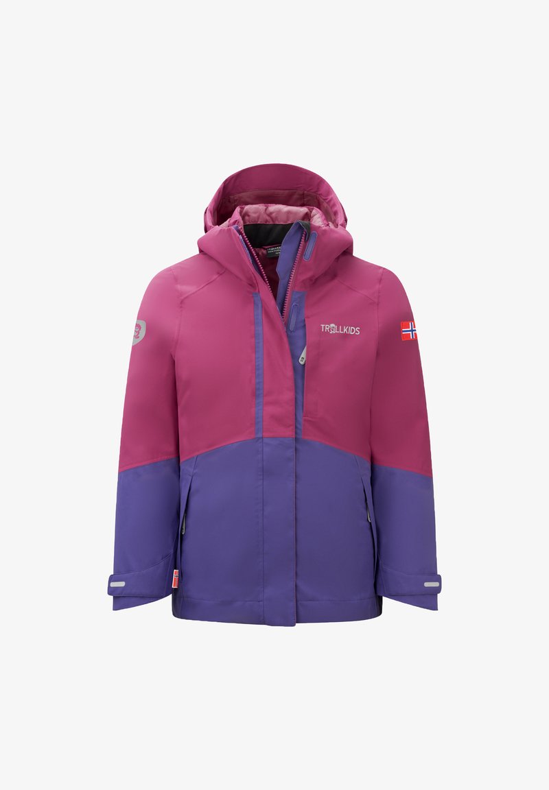 Purple and pink jacket with a zip and hood. Features two zippered pockets and a logo on the left arm. Made from waterproof material.