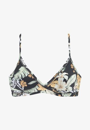 Gėlių bikinio viršus su juodu fonu. Dizainą sudaro žali lapai ir oranžinės gėlės. Plonos reguliuojamos petnešėlės ir pervistos priekyje.