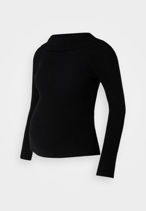 Pull de maternité noir côtelé avec manches longues, col large replié et silhouette ajustée, conçu pour le confort et le style pendant la grossesse.