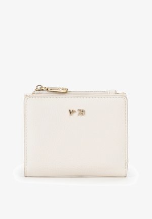 Cartera de cuero blanco texturizado con cremallera dorada y emblema dorado "Vp 73" en la parte frontal, de forma rectangular y compacta.