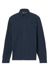 Marineblauw overhemd met knopen, gemaakt van een katoenen mix, beschikt over een klassieke kraag, twee borstzakken en lange mouwen met knoopmanchetten.