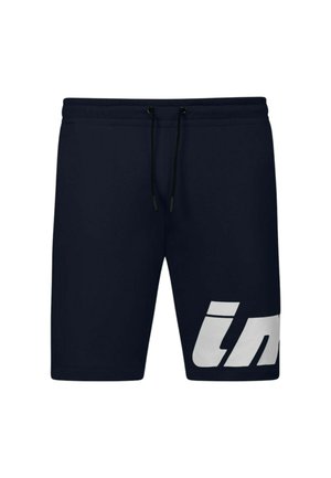 Shorts da corsa blu navy con vita elastica e cordino nero. Grande logo bianco stampato sulla gamba sinistra. Tessuto dal tocco liscio.