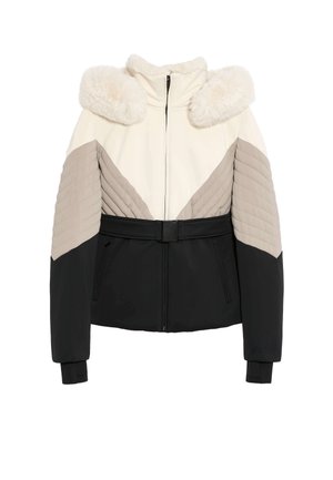 Padded jacket with a cream body, grey and black accents, faux fur collar, and a belted waist. Features quilted sleeve panels and side pockets.