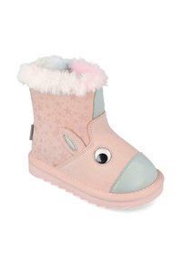 Bota rosa y menta con tejido de estampado de estrellas, forro blanco esponjoso, punta redondeada, detalle ocular negro y suela de goma.