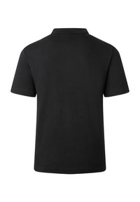 Polo shirt nera a maniche corte con colletto classico. Realizzata in tessuto liscio, presenta un design semplice e privo di decorazioni.