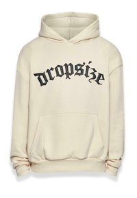 Cremefarbener Hoodie aus weichem Stoff, mit einer vorderen Kängurutasche und schwarzem, stilisiertem Text "dropsize" auf der Brust.