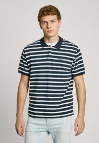 Navy and white striped polo shirt with a collar, short sleeves, and a small logo on the chest. Fabric appears smooth and lightweight.