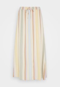 Stribet maxiskirt i pastelfarver med elastisk talje og snor, fremstillet af let stof med en blød tekstur.