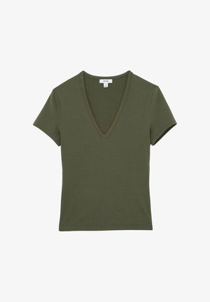 Olivgrünes V-Neck T-Shirt, kurzärmlig, aus weichem Baumwollmaterial, mit lässiger Passform und glatter Textur ohne Muster.