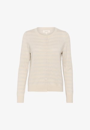 Cardigan beige avec une texture douce, présentant des rayures horizontales claires et six boutons sur le devant. Encolure ronde et manches longues.