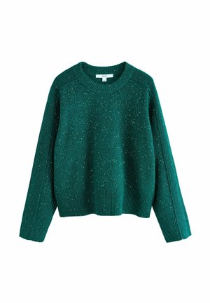 Dunkelgrüner Strickpullover mit weißen Sprenkeln, langen Ärmeln, Rundhalsausschnitt und gerippten Bündchen und Saum.