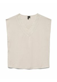 Top beige chiaro con scollo a V decorato con pizzo, maniche corte e vestibilità rilassata. Realizzato in un tessuto morbido con texture liscia e orlo arrotondato.