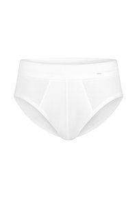 Caleçons en coton blancs pour hommes avec une ceinture élastique et des coutures verticales discrètes à l'avant.