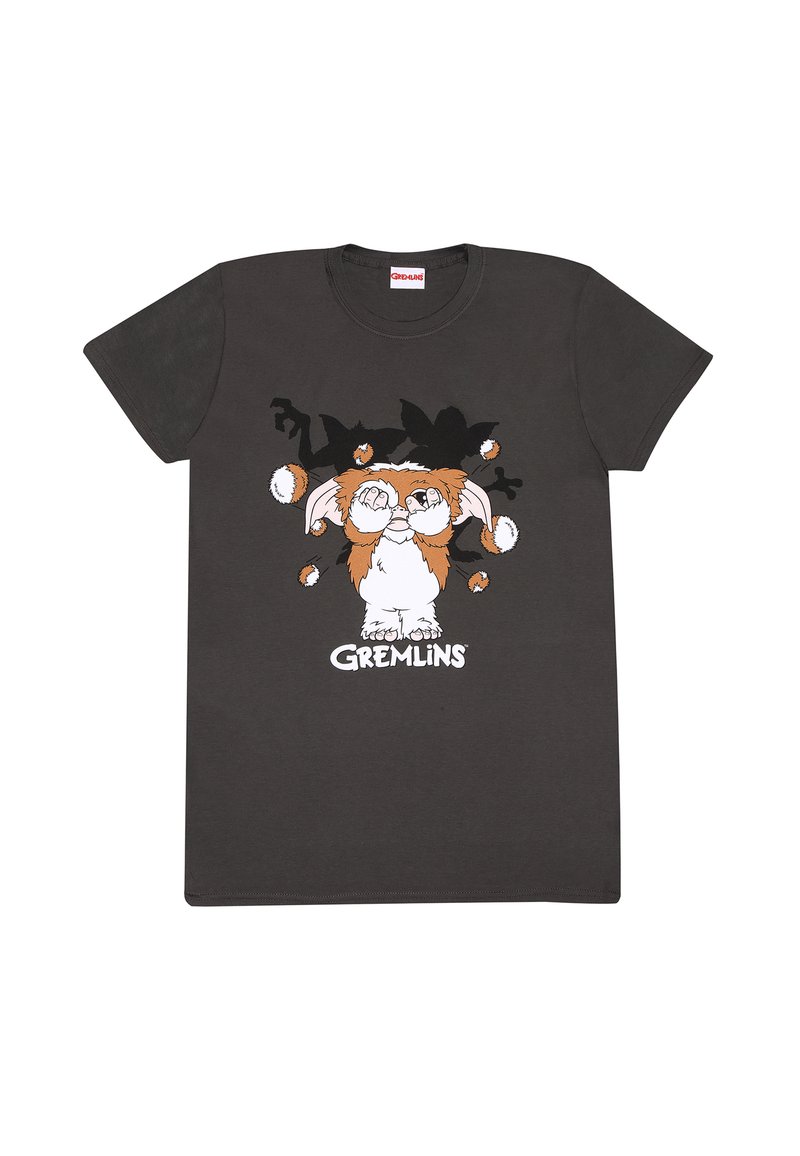 Mørkegrå bomulds t-shirt med et grafisk motiv af en skabning med orange og hvid pels, der holder sit ansigt, og teksten "GREMLINS" nedenfor.