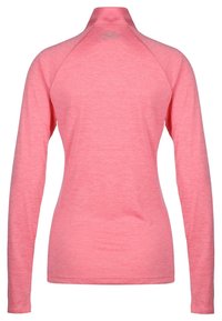 Haut à manches longues en rose pâle, fabriqué en tissu doux et texturé. Présente un col haut et des manches raglan. Logo discret au dos.