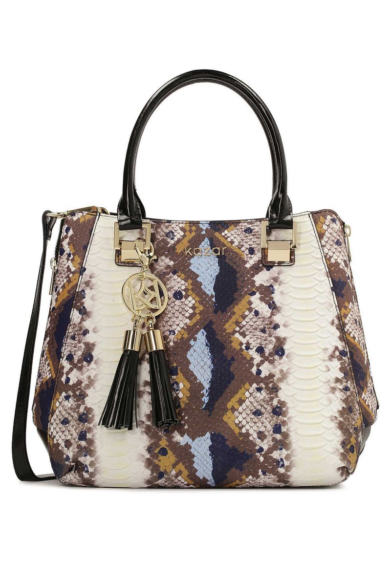 Borsa multicolore con texture in pelle di serpente, dettagli in pelle nera, accessori in oro e nappine decorative. Presenta motivi geometrici.