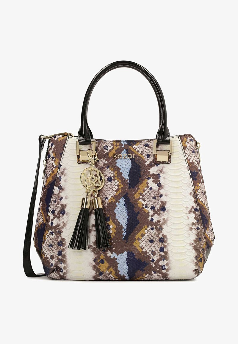 Borsa multicolore con texture in pelle di serpente, dettagli in pelle nera, accessori in oro e nappine decorative. Presenta motivi geometrici.