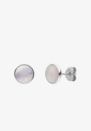 Round stud earrings made of silver, featuring a polished mother-of-pearl inlay with a smooth, iridescent surface.
