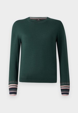 Grønn langermet genser med rund hals og mønstrede mansjetter i marineblå, rosa og hvite striper. Laget av et mykt strikket stoff.