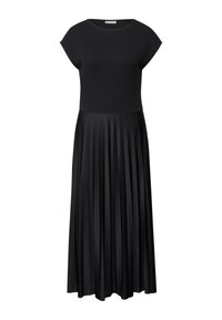 Robe noire avec un haut ajusté et une jupe plissée. Texture lisse, manches courtes à encolure ronde. Silhouette simple et élégante.