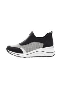 Black and white slip-on sneaker with mesh upper, padded collar, and a silver zip accent. Features a white platform sole with black tread.