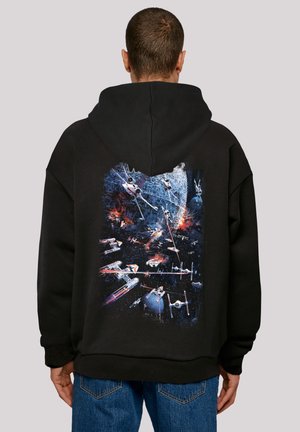 Black hoodie featuring a vibrant graphic on the back with space-themed imagery, including starships and explosions in various colors.