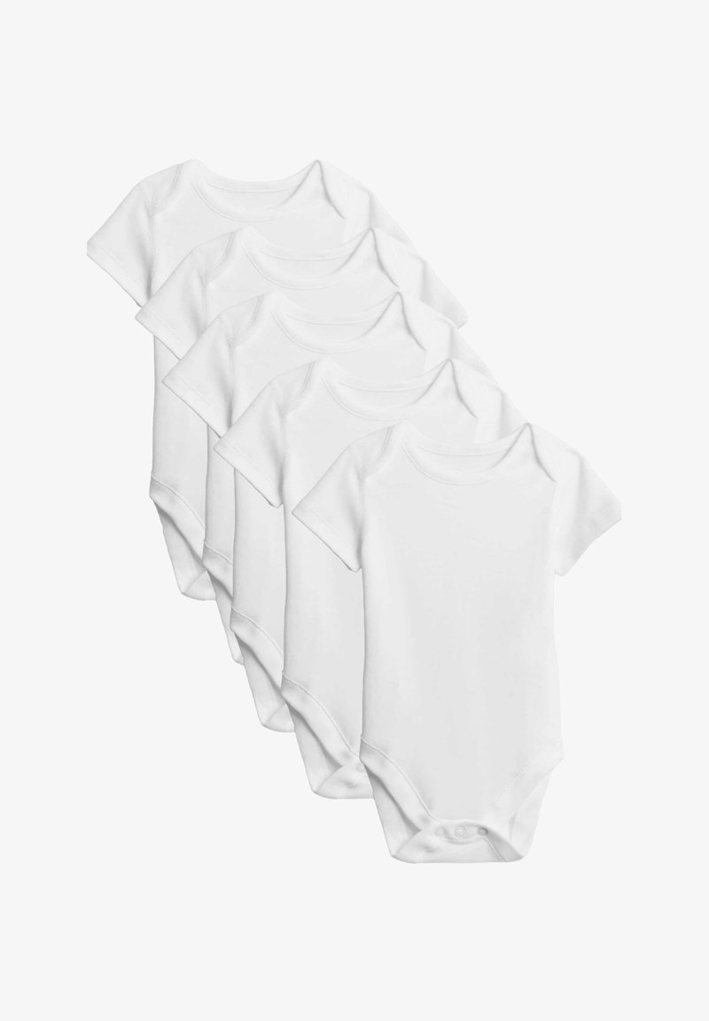 Weiße Baumwoll-Babykörperanzüge mit kurzen Ärmeln, mit Druckknopfverschlüssen am Boden und einem schlichten Design, gestapelt angeordnet.