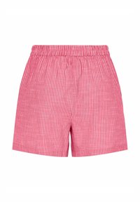 Rožiniai dryžuoti šortai su elastinga juosmeniu, pagaminti iš lengvos medžiagos. Savybės: vertikalūs balti dryžiai, suteikiantys tekstūrinį vaizdą.