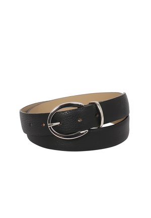 Schwarzer Ledergürtel mit strukturierter Oberfläche, einer silbernen runden Schnalle und mehreren Einstelllöchern entlang des Riemens.