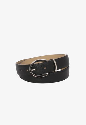Black leather belt featuring a textured finish, a silver circular buckle, and multiple adjustment holes along the strap.
