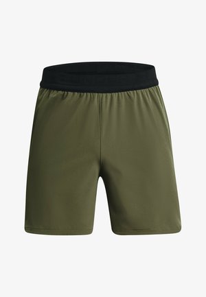 Olive green athletic shorts with a black elastic waistband. Smooth, lightweight fabric with a gathered waist and above-knee length.
